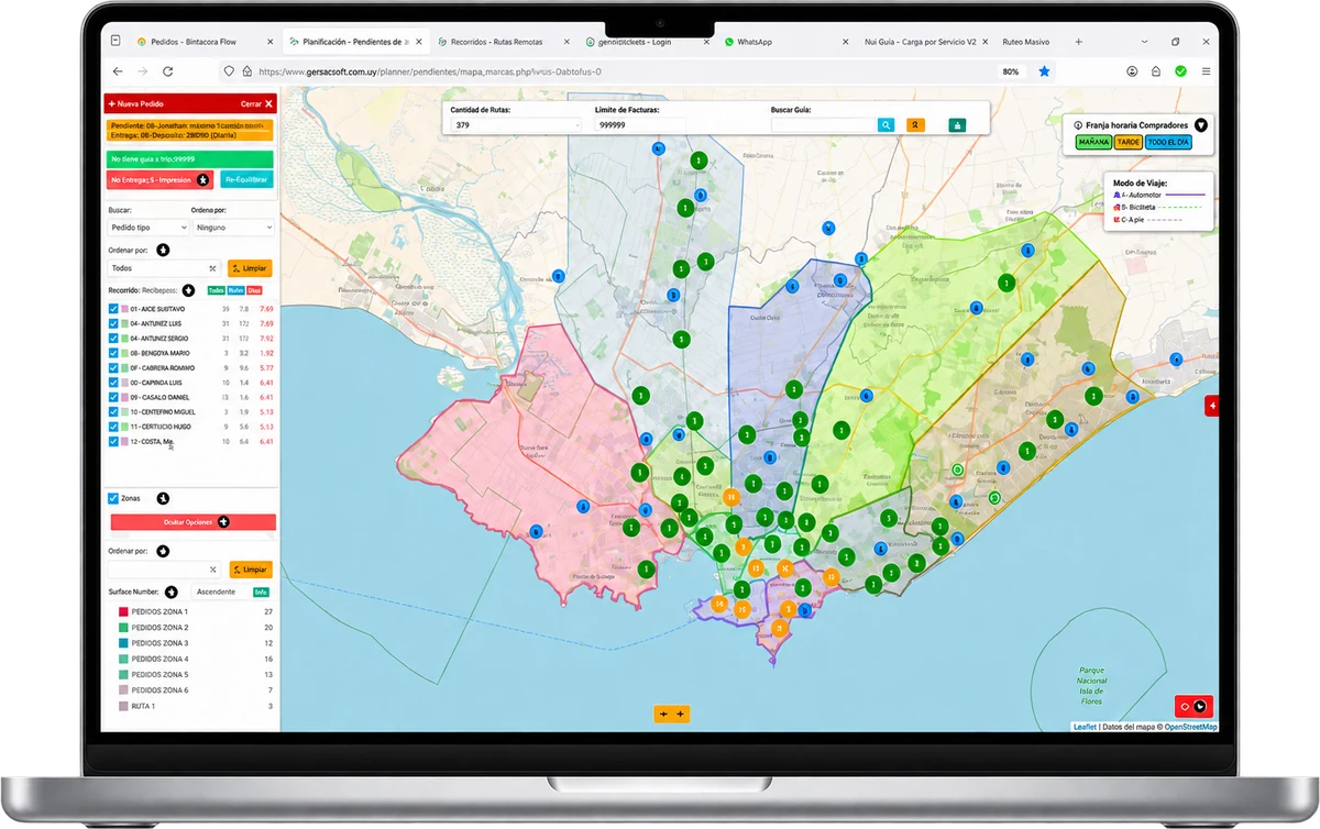 Sistema de planificación de MarcoPostal: mapa de Montevideo con las zonas de distribución y los pedidos pendientes de cada recorrido